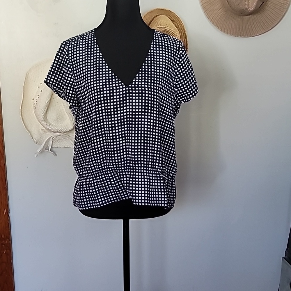 J Crew Mercantile Navy and White Checkered V-Neck Blouse